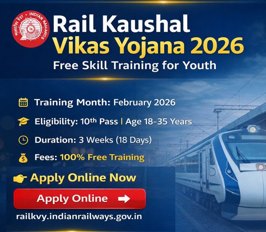 Apply online for Rail Kaushal Vikas Yojana 2026. Free skill training for 10th pass youth. Age 18–35. No fee, no document upload.