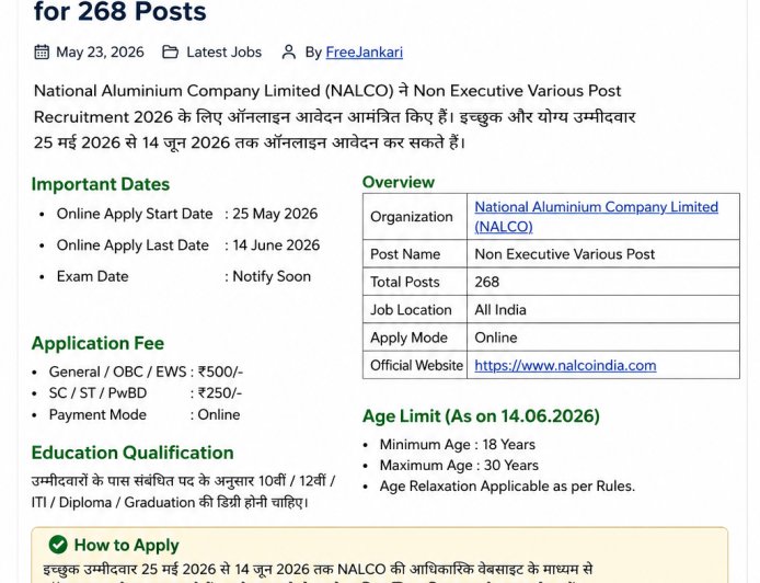 NALCO Non Executive Recruitment 2026 – Apply Online for 268 Posts