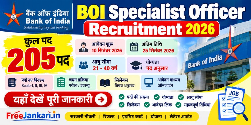बैंक ऑफ इंडिया (BOI) में स्पेशलिस्ट ऑफिसर (Scale I-IV) के 205 पदों पर ऑनलाइन आवेदन की अंतिम तिथि बढ़ा दी गई है। पात्रता, चयन प्रक्रिया और डायरेक्ट अप्लाई लिंक यहाँ देखें।